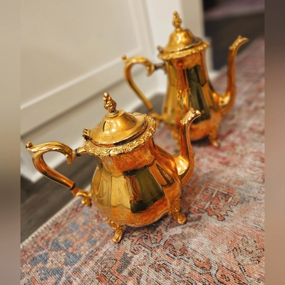 VINTAGE PAIR 24 karat Gold Electroplated Footed Tea & Coffee Pot - Picture 1 of 13